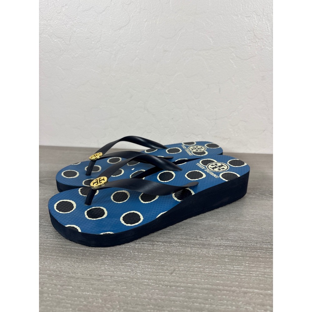 Tory Burch Blue Polka Dot Wedge Platform Flip Flops Gold Logo Medallion Sandals
